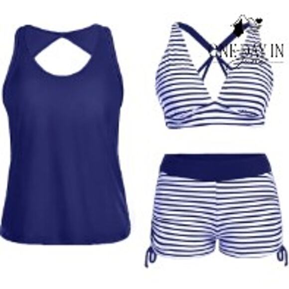 Yonique Boyshort Crop 3 Piece Bikini Swimsuit Size L - Picture 1 of 5